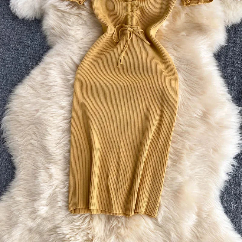 Korean Knit Bodycon Dress V Neck Drawstring Short Sleeves