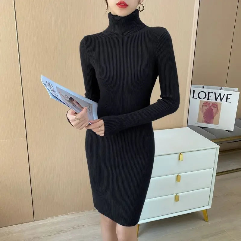 Korean Turtleneck Sweater Dress Bodycon Knit For Office