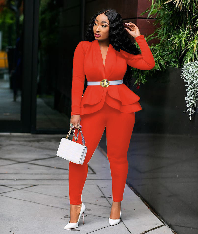 Women Winter Two Piece Tracksuit Set with Ruffled Blazer and Pencil Pants for Office Wear