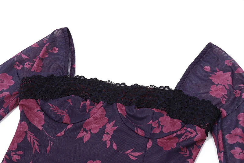 Mesh Long Sleeve Lace Patchwork Backless Evening Dress