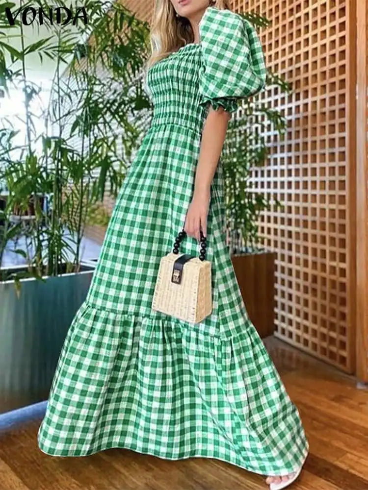 Boho Plaid Maxi Dress With Short Puff Sleeve For Summer
