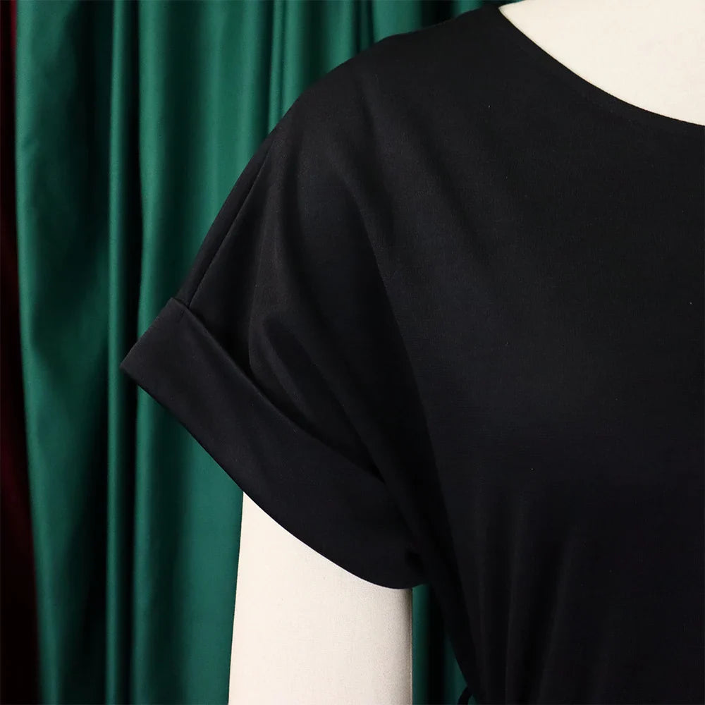 Women's Elegant 2 Piece Pants Set with Solid Blouse Short Sleeve O Neck and Long Trousers