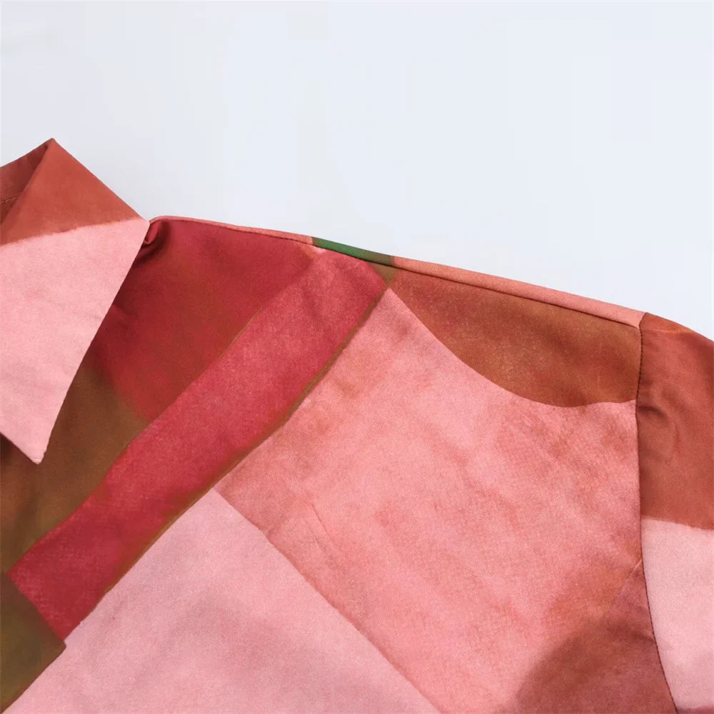 Spring Collar Long Sleeve Single Breasted Women's Casual Shirt with Geometric Print and Silk Texture