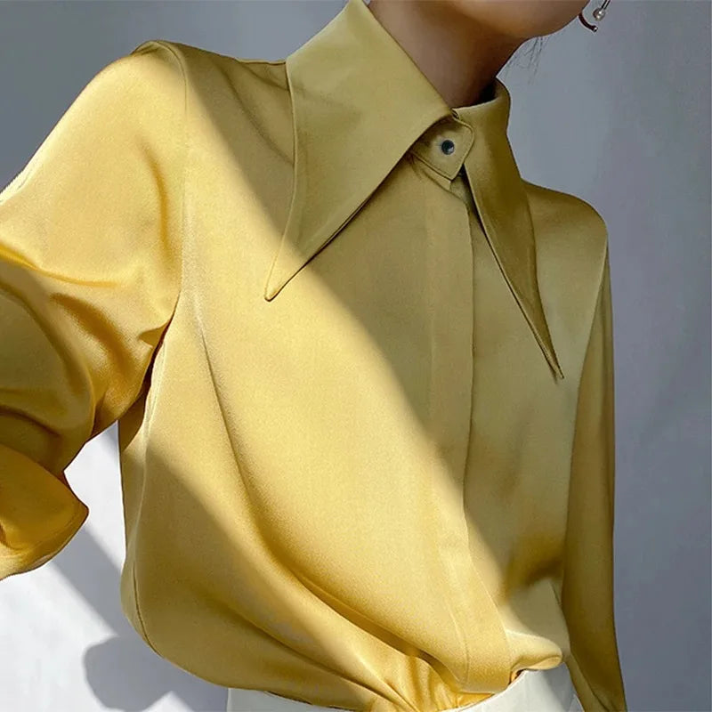 Elegant Turn Down Collar Satin Silk Blouse Vintage Button Closure White Lantern Sleeve Office Lady Shirt Chic Feminine Top