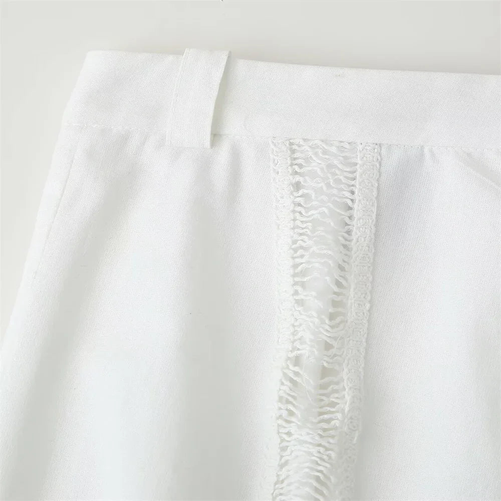 Women White Long Sleeve Blouse and Wide Leg Pants Set with Lace Trim Elegant Design