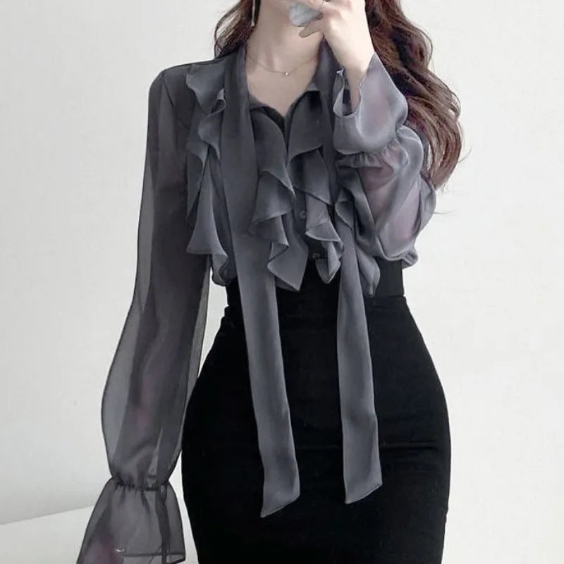 Charming Summer Chiffon Blouse for Women with Sweet Bow Detail Casual Long Sleeve Office Lady Top Lightweight Autumn Shirt