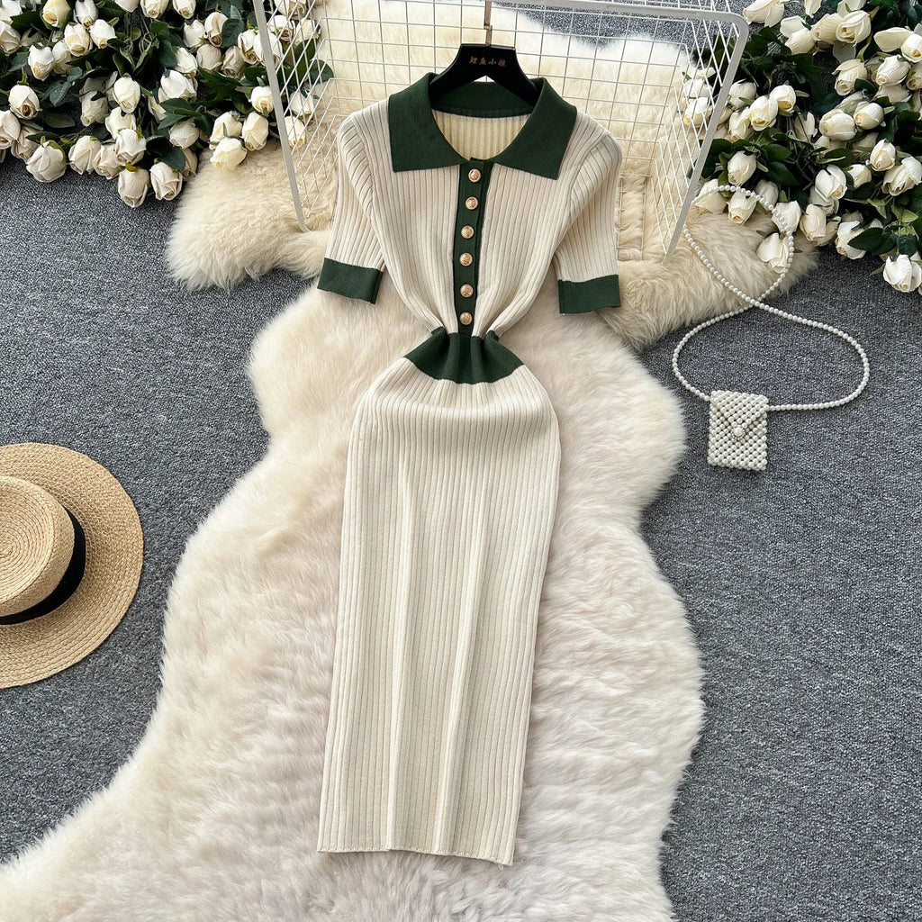 Patchwork Knitted Polo Collar Dress For Women Spring Summer