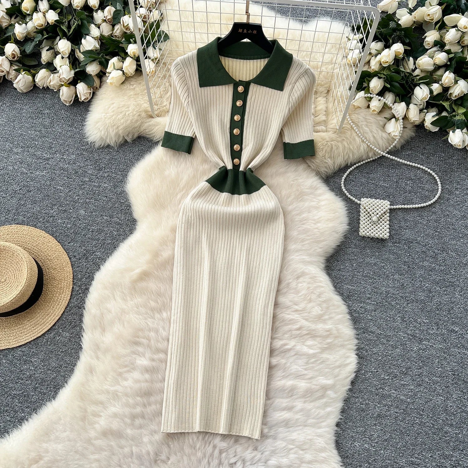 Patchwork Knitted Polo Collar Dress For Women Spring Summer