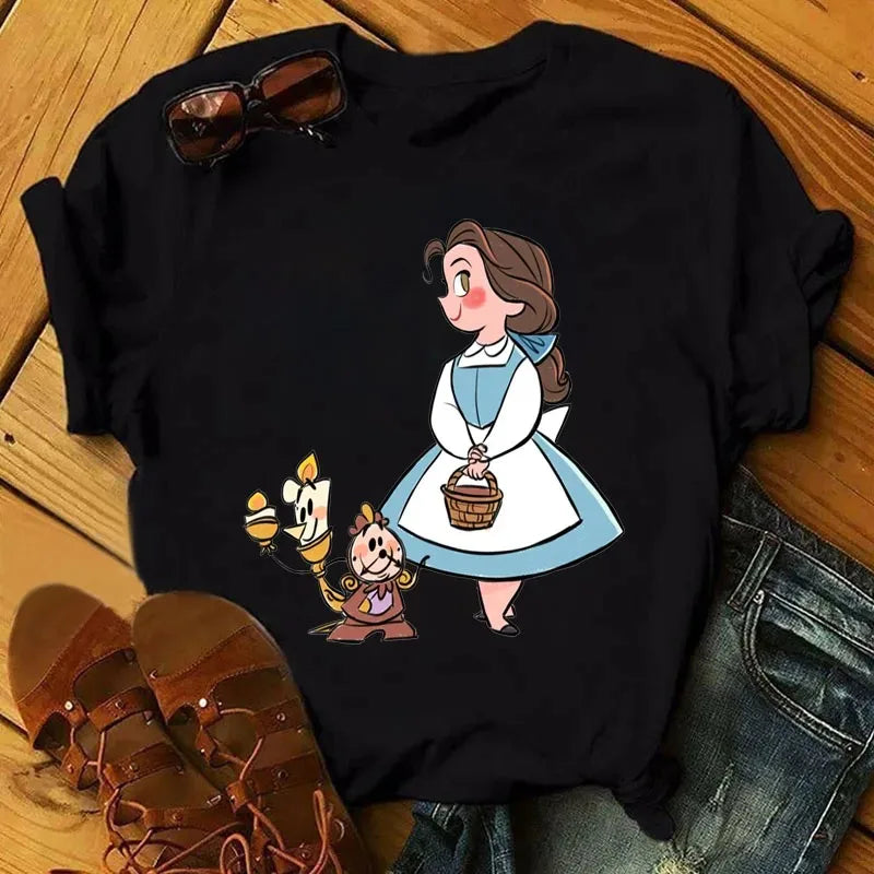 Cute Disney Princess Pattern Women's Cotton T-Shirt Short Sleeve Kawaii Graphic Tee for Casual Wear