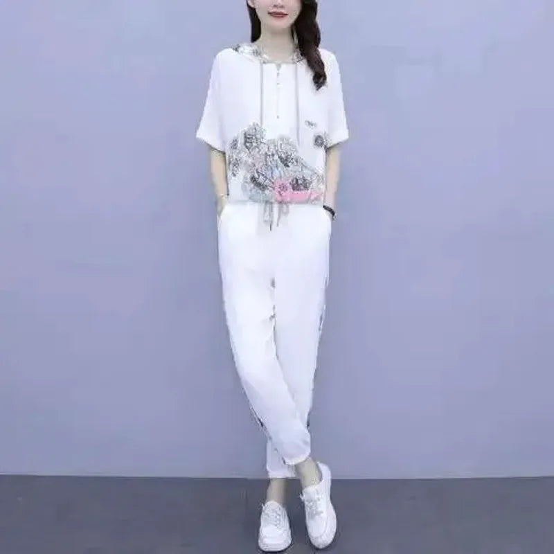 Women's Casual Two Piece Set with Hooded T-Shirt and Contrast Printed Pants for Spring and Summer Fashion