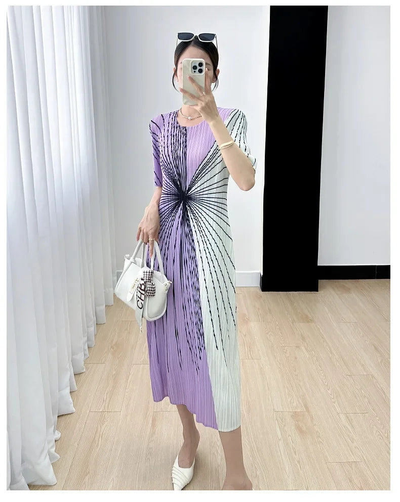 Women Pleated Dress Black White Print O Neck Short Sleeve