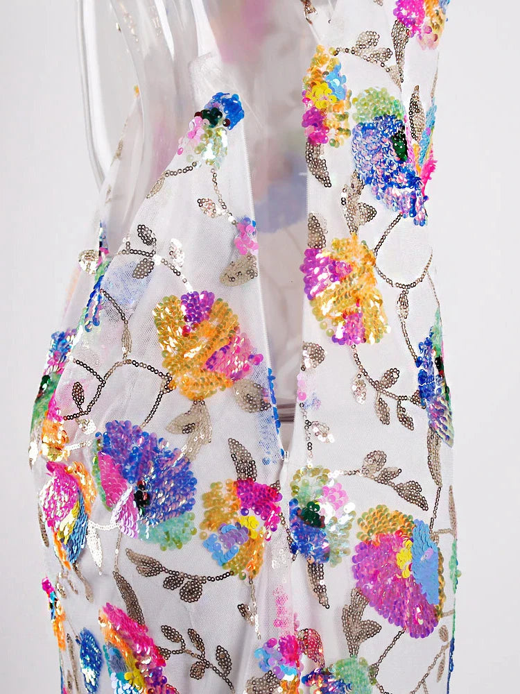 Floral Sequined Backless Mini Dress For Night Out Clubbing