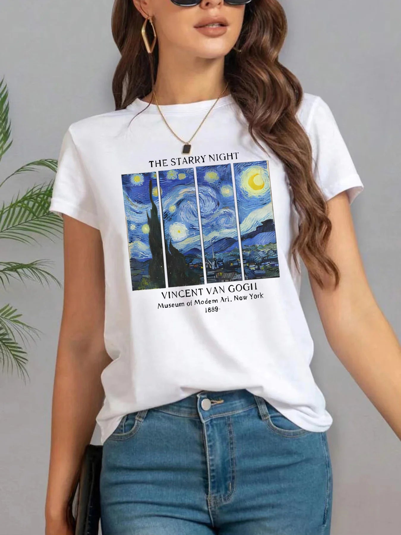 Van Gogh Starry Night Inspired Women's Casual T-Shirt - Short Sleeve Summer Crew Neck Top