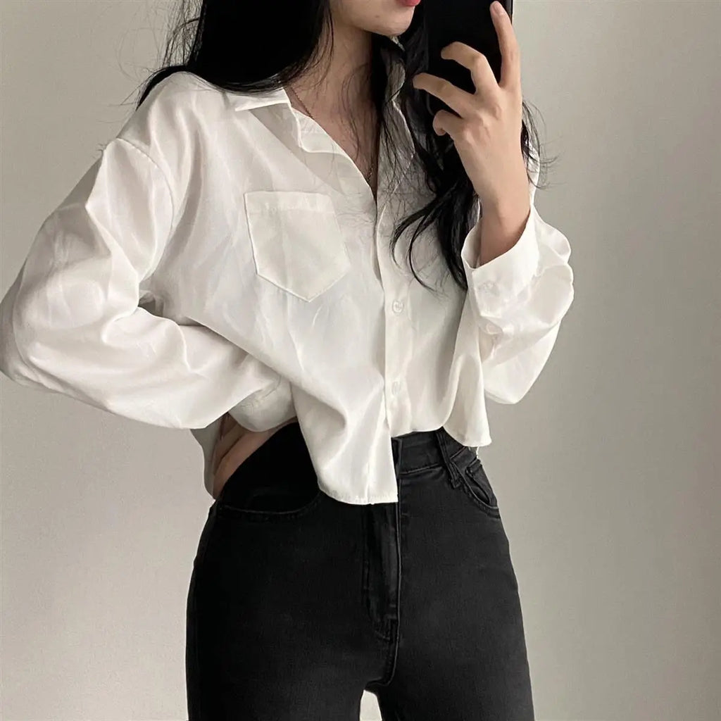 Simple Single Breasted Loose Long Sleeve Shirt Blouse Casual Elegant Solid Color Short Top