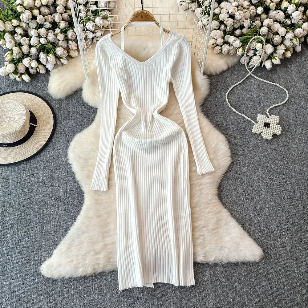 White Long Sleeve V Neck Lace Up Elegant Dress For Women