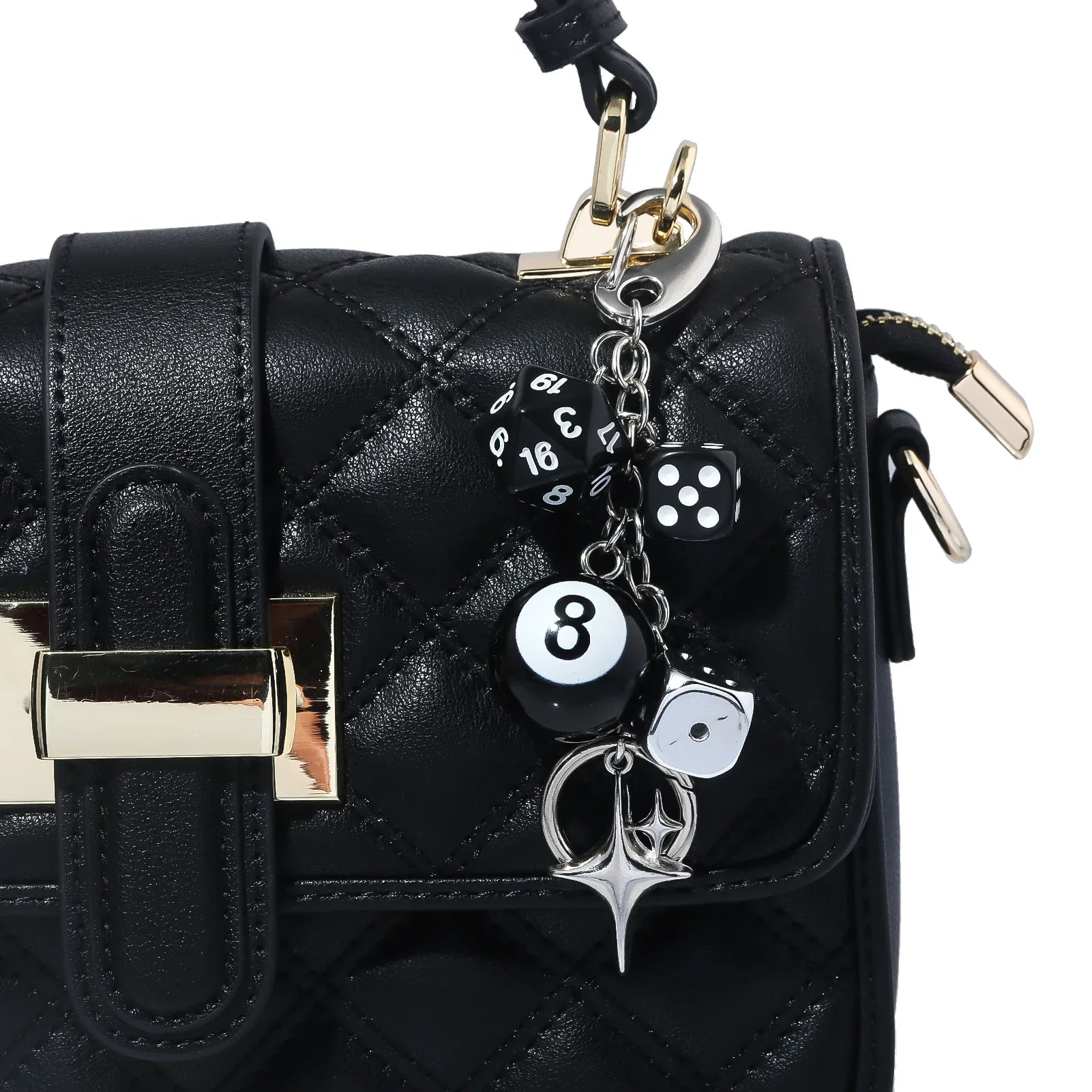 Hiphop Black Dice Billiards Keychain Y2K Starburst Pendant Bag Charm Punk Accessory