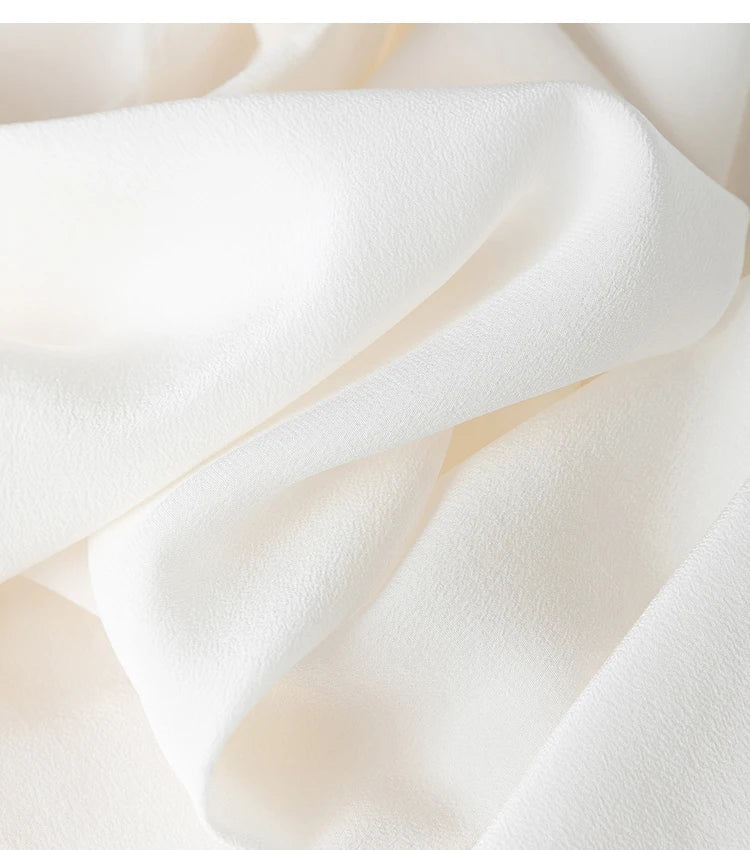 Women 100 Percent Mulberry Crepe Silk White Blouse Lantern Sleeves Bow-Tie Hem Loose Fit Office Top