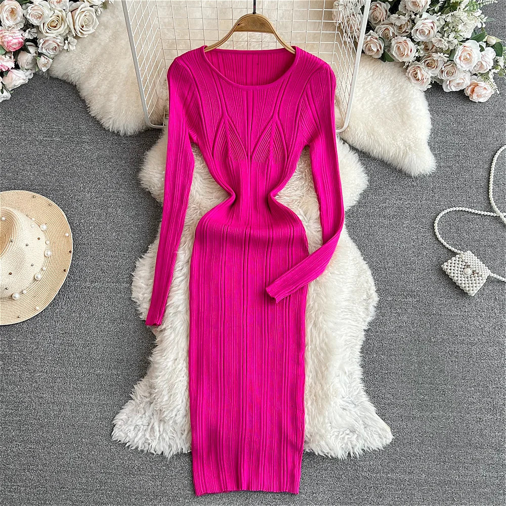 Long Sleeve Knitted Bodycon Dress For Women Autumn Retro