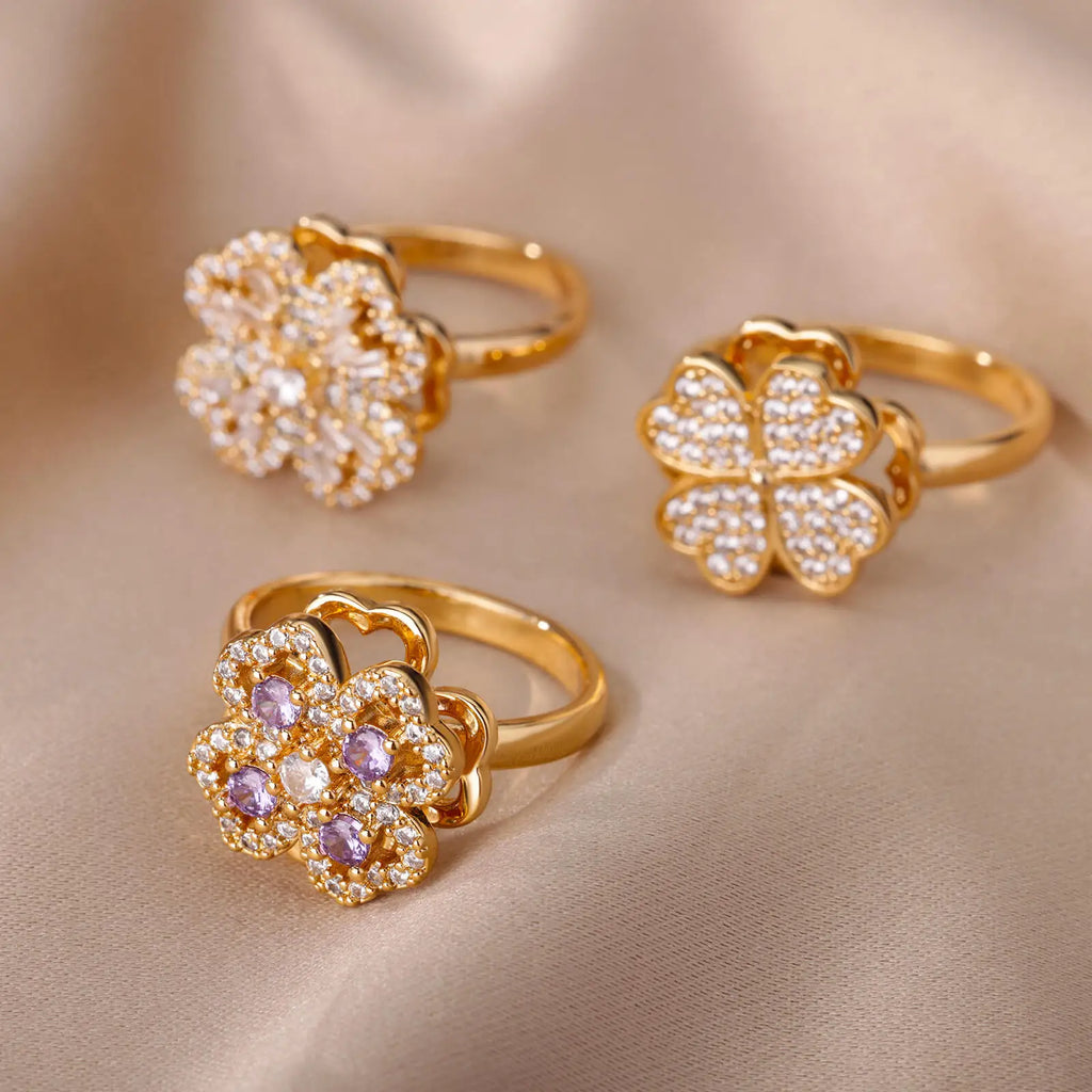 Spinner Zircon Heart Four Leaf Clover Fidget Ring for Women Stainless Steel Anti Stress Anxiety Jewelry Gift