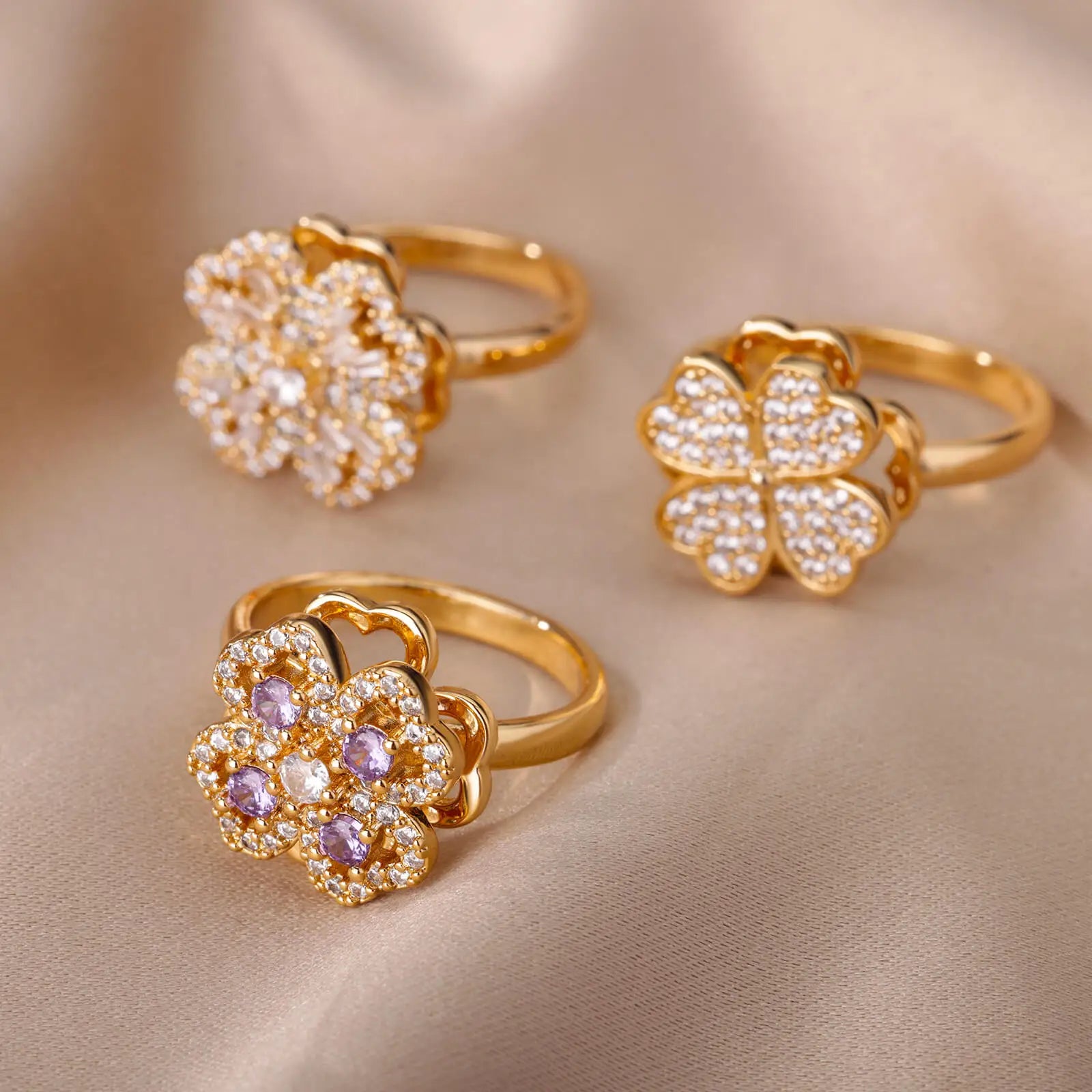 Spinner Zircon Heart Four Leaf Clover Fidget Ring for Women Stainless Steel Anti Stress Anxiety Jewelry Gift