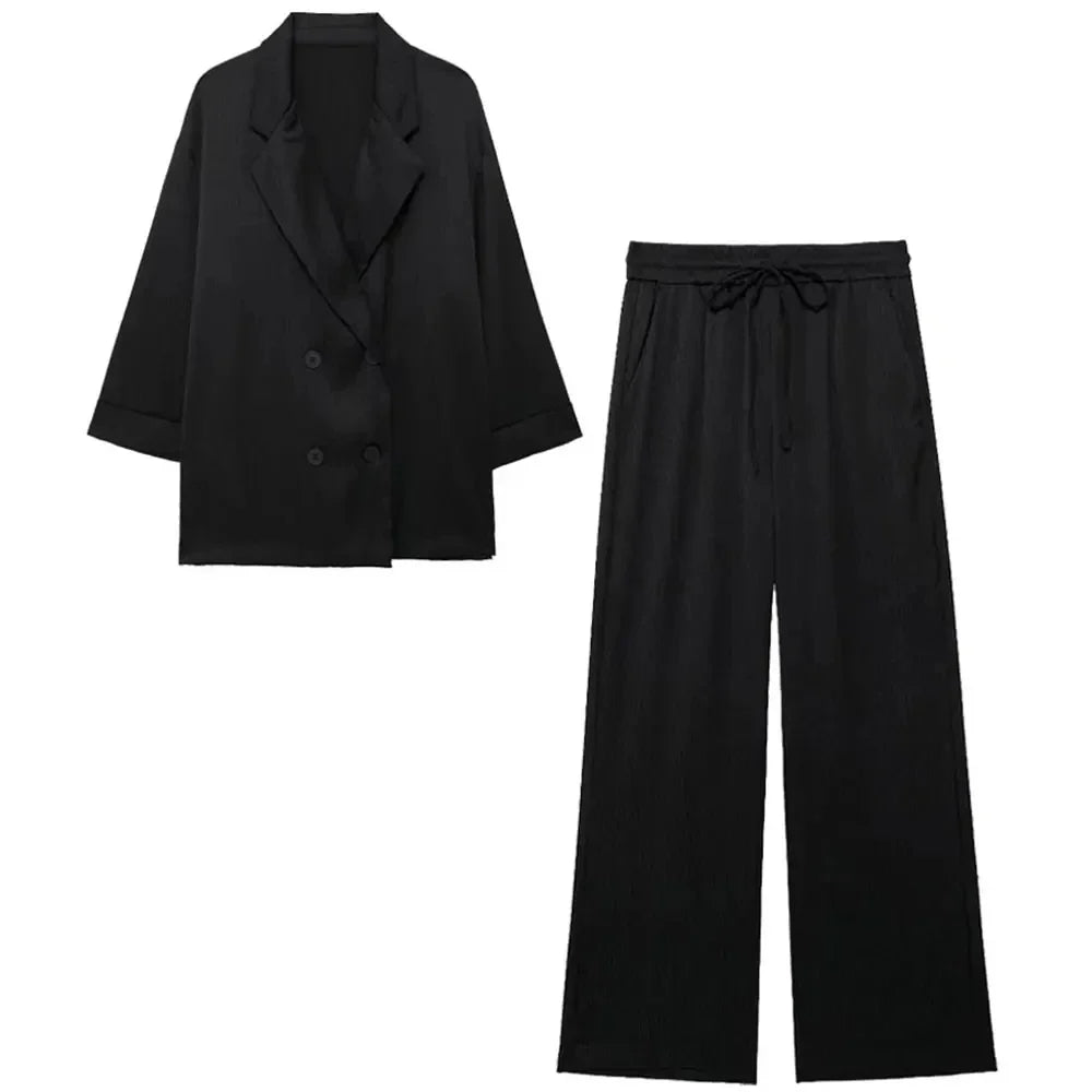 Trendy Women's Cozy Suit Set with Double Breasted Coat and Wide Leg Pants