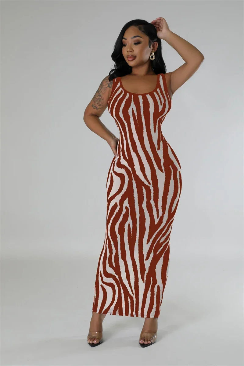 Zebra Print Bodycon Maxi Dress Ruched Sleeveless Party