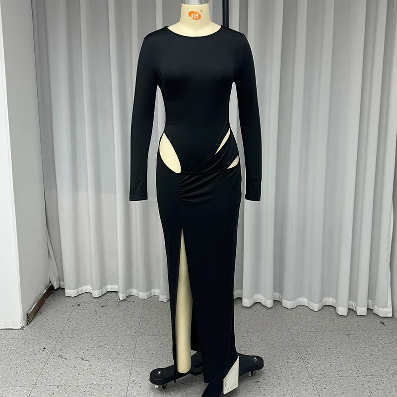 Long Sleeve Hollow Out Evening Dress With Irregular Slit