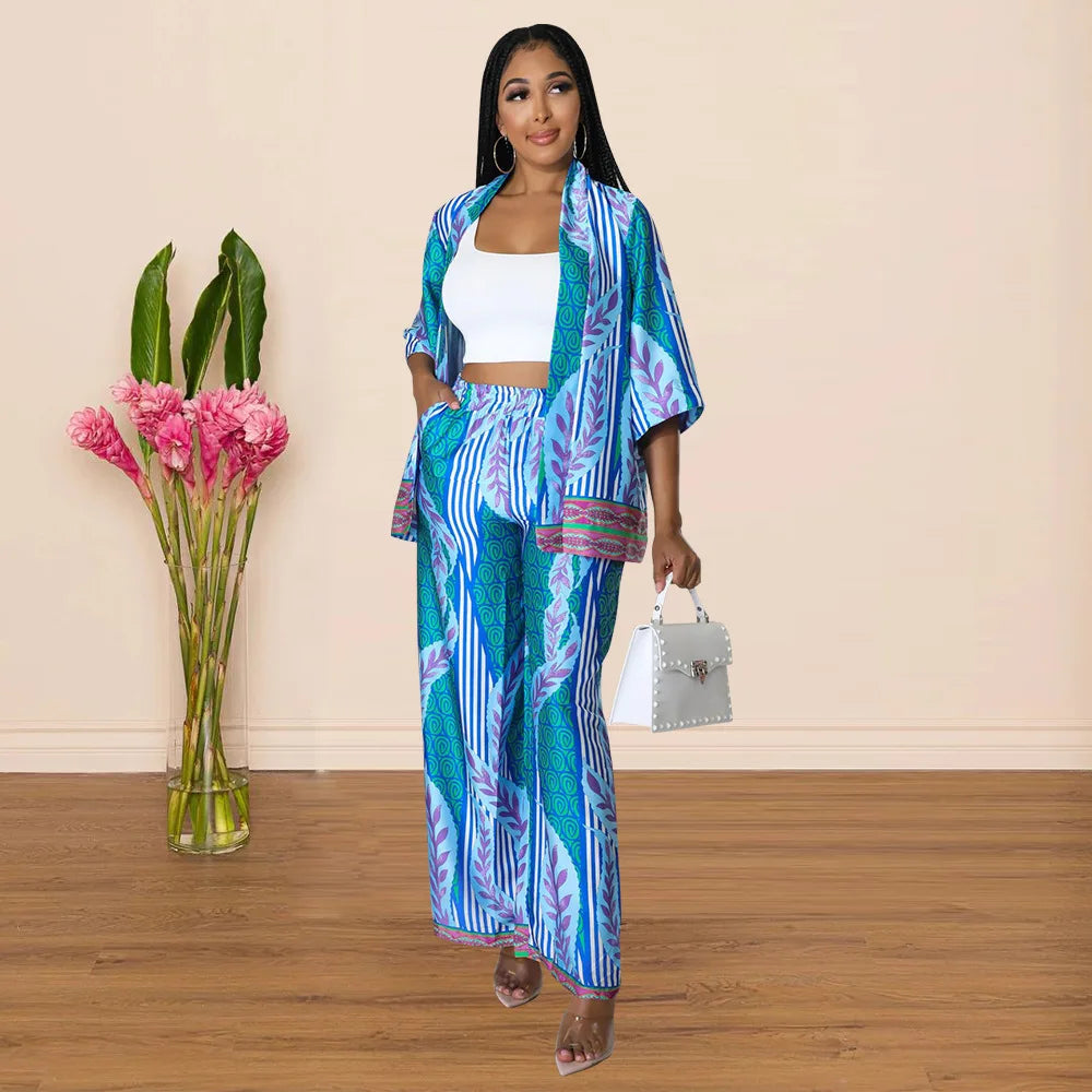 Women's Imitation Silk Printed Two Piece Set with Lace-Up Long Sleeve Top and Wide-Leg Pants for Casual Street Style