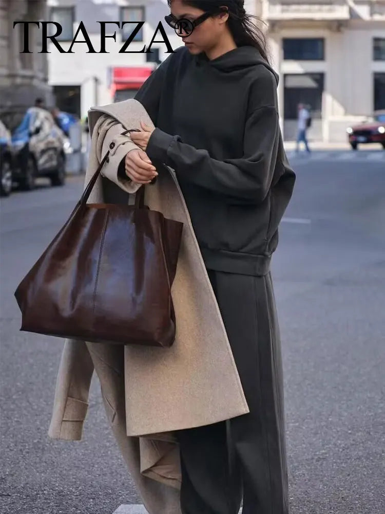 Women's Fleece Coat and Pant Set with Long Sleeve Hooded Sweatshirt and Casual Drawstring Trousers for Office and Everyday Wear