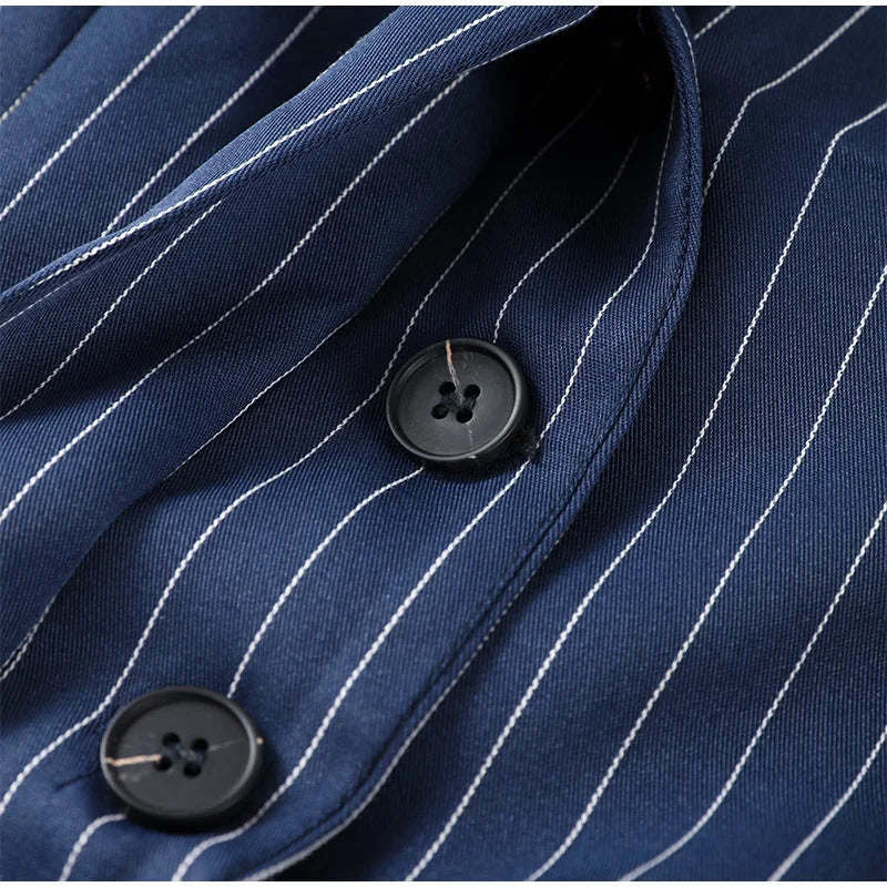 Women's Street Striped Blazer and Skirt Set Slim V-Neck Single Breasted Coat with Ribbon Accent Hip-Hugging Package Skirt Chic Spring Summer Outfit