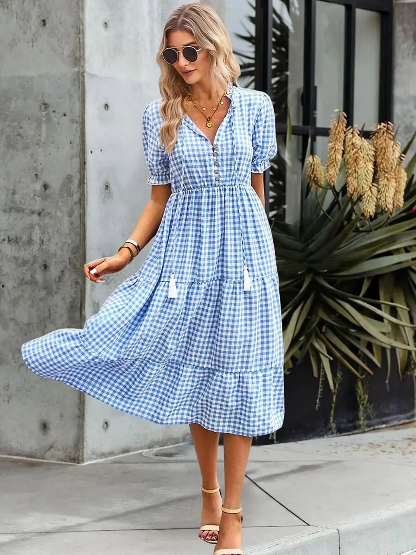 Plaid Short Sleeve Sundress A Line Tassel Elastic Waist