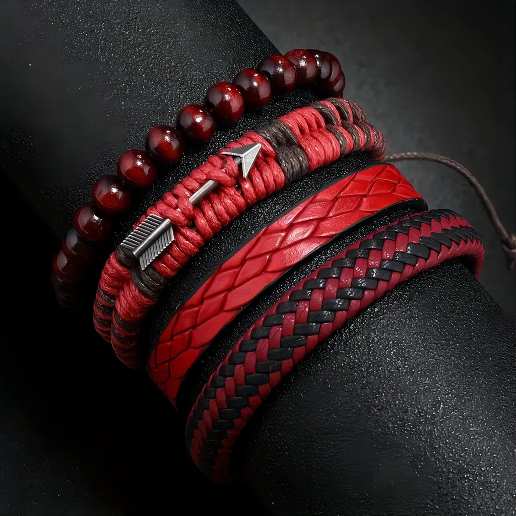 Vintage Men's Leather Bracelet with Wooden Beads and Hand Woven Design