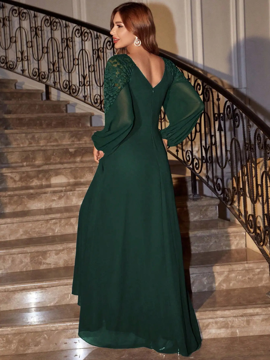 V Neck Chiffon Lace Patchwork Evening Ball Gown For Party