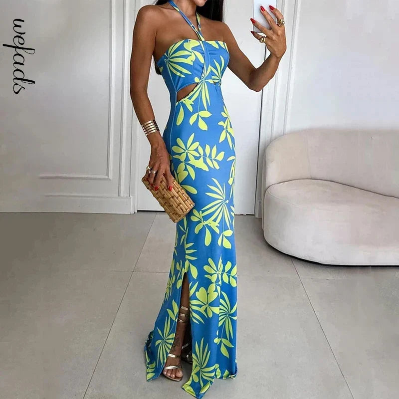 Sleeveless Halter Neck Backless Beach Maxi Dress With Slit