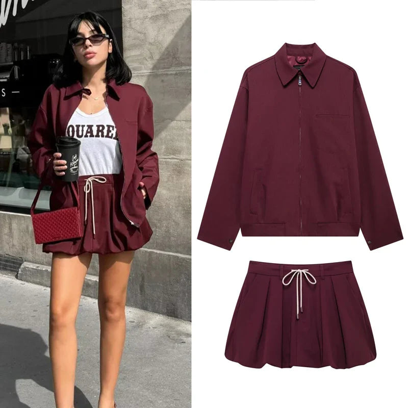 Women's Burgundy Skirt and Long Sleeve Jacket Set Elegant Mini Bow Lantern Sleeve Suit Autumn Outfit Stylish Two-Piece Matching Set