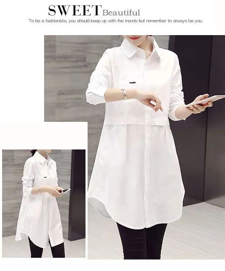 Mid-Length White Polo-Neck Shirt for Women Lightweight Stylish Spring Summer Blouse Elegant Korean-Inspired Fashion