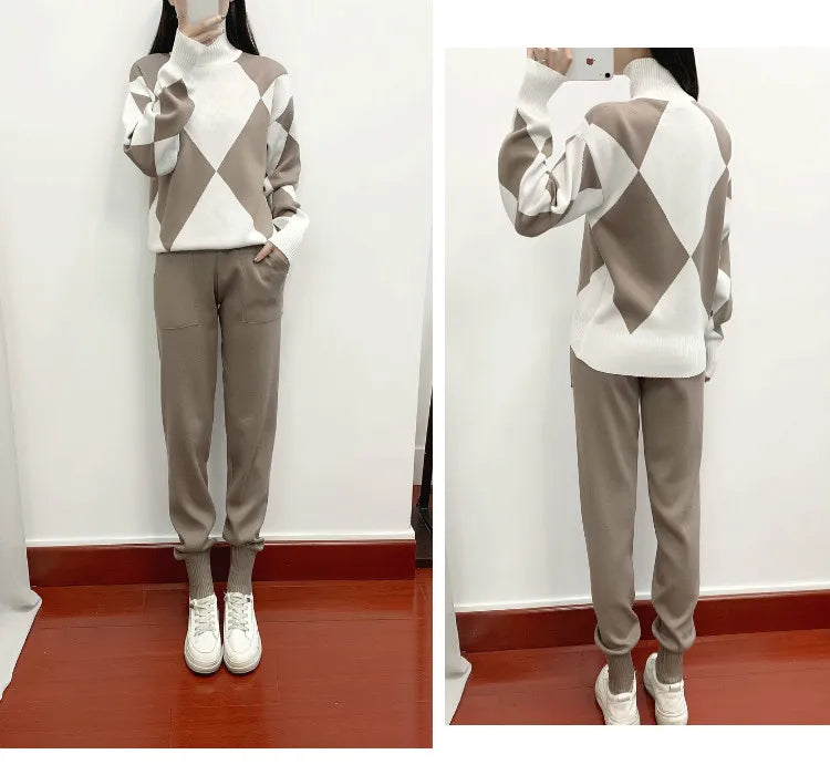 Women's Thick Soft Knitted Sweater and Long Pant Set Casual 2PCS Track Suit for Autumn and Winter