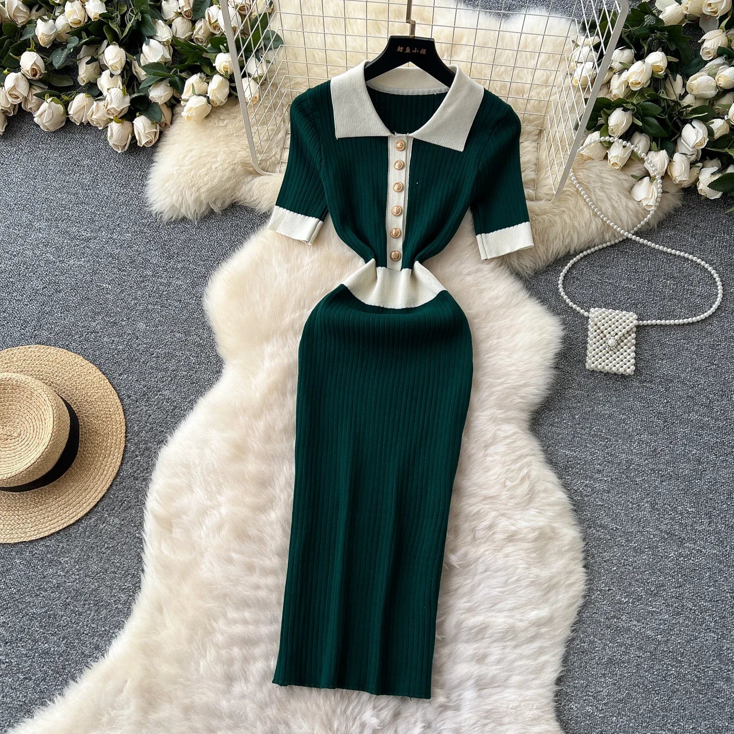 Patchwork Knitted Polo Collar Dress For Women Spring Summer