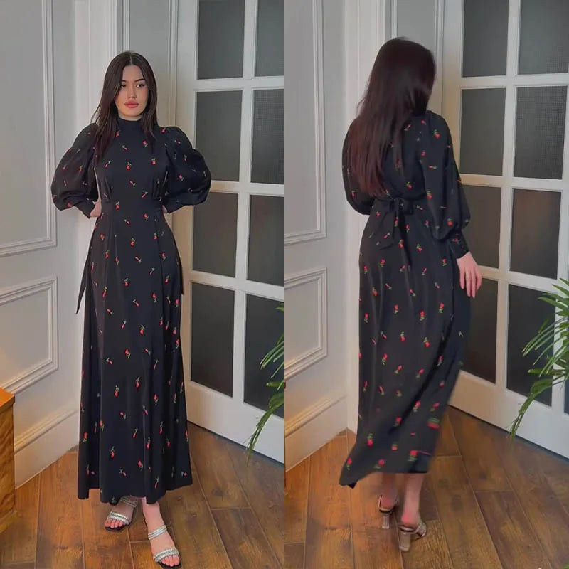 Black Print Dress For Women O Neck Long Sleeve Lace Up