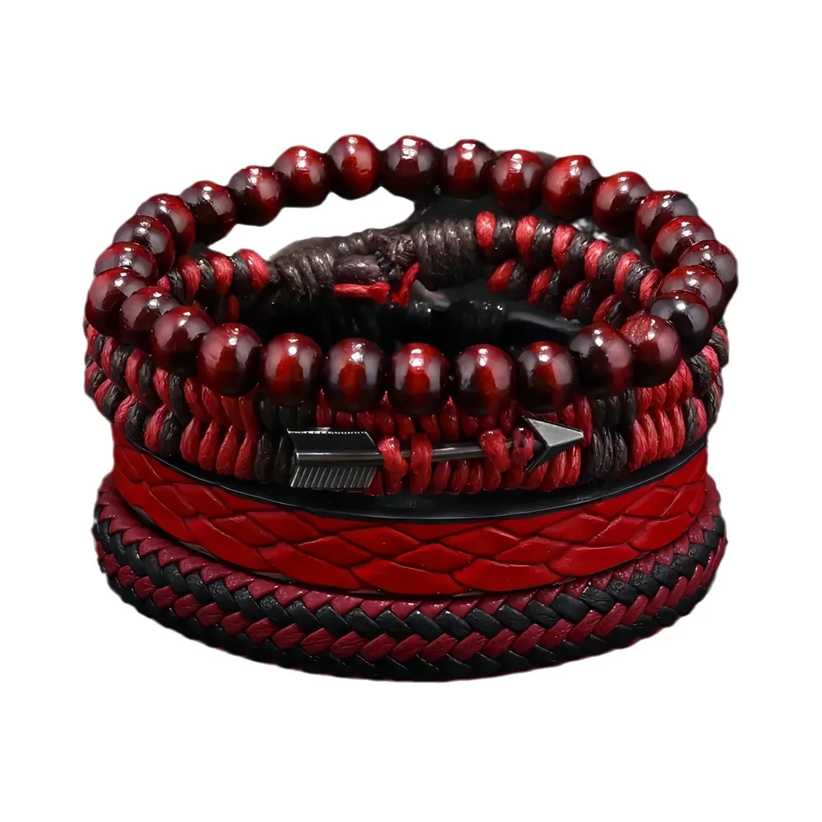 Vintage Men's Leather Bracelet with Wooden Beads and Hand Woven Design