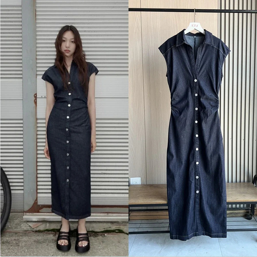 Fitted Denim Midi Shirt Dress With V Neck Long Sleeve