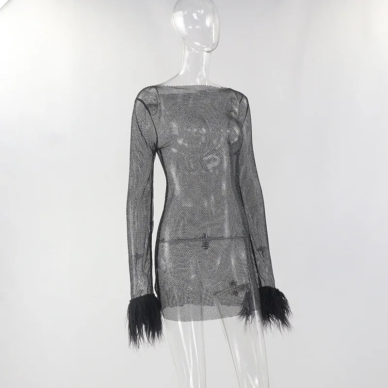 Black Mesh See Through Mini Dress Women Bodycon Clubwear