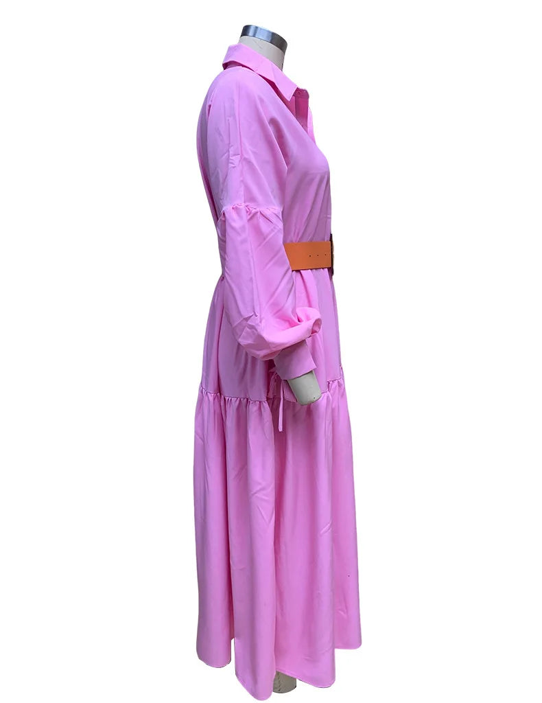 Women Casual Front Button Shirt Dress With Belt Longsleeve