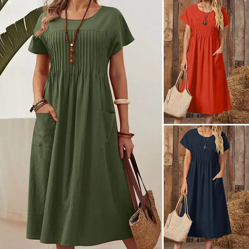 Summer Party Sundress Women O Neck Short Sleeve Mid Calf