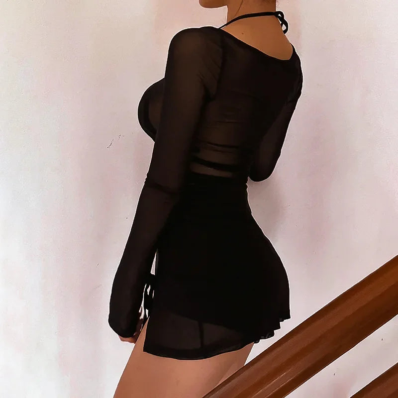 Slim Fit Sheer Dress For Women Lace Up Long Sleeve Fashion