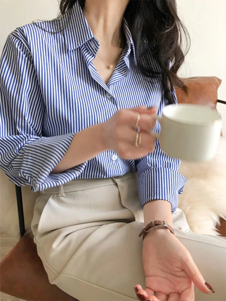 Women Long Sleeve Striped Blouse Casual Spring Autumn Shirt Lightweight Fashion Top for Ladies