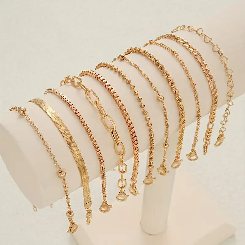 11pcs Chic Snake Chain Bracelet Set for Women Elegant Boho Jewelry with Heart and Geometric Designs