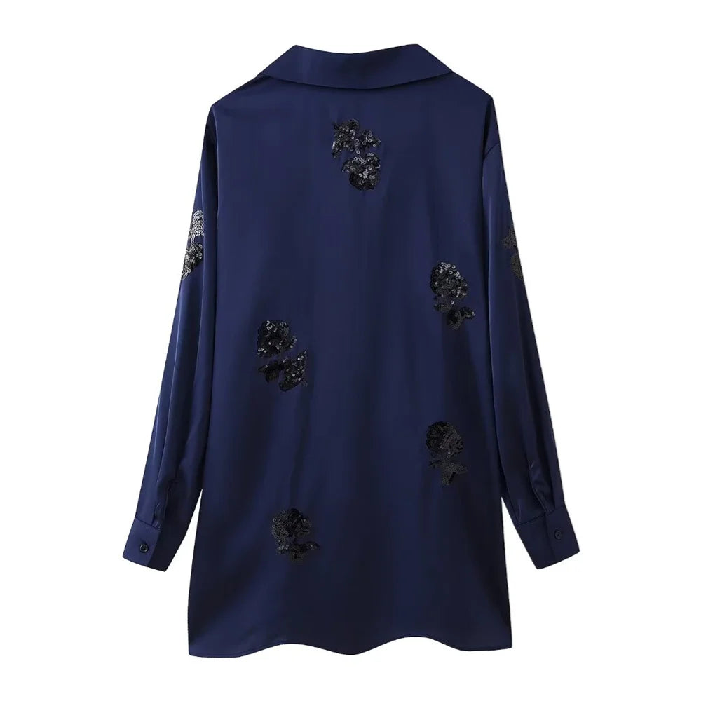 Women's Casual Polo Collar Long Sleeved Sequin Satin Kimono Coat and Bead Pants Set