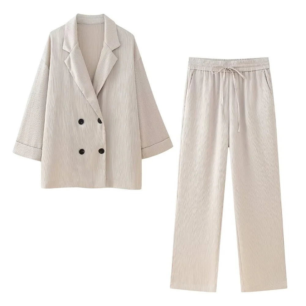 Women's Double-Breasted Blazer and Wide Leg Pants Two Piece Set for Casual Homewear