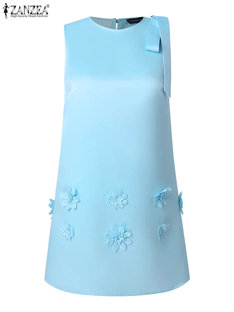 Elegant Korean Flower Bow Sleeveless Mini Dress For Women